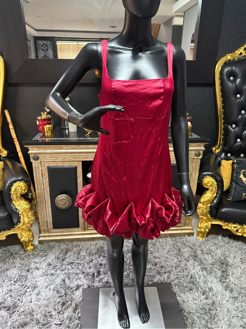 Red Satin Ruffle-Hem Women's Dress